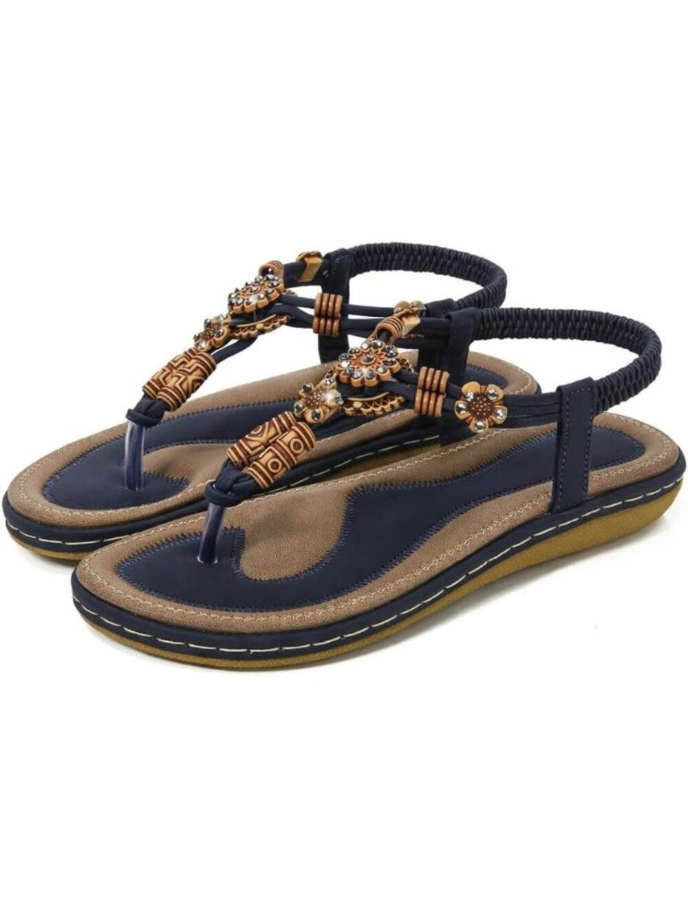 Women's Navy Summer Flat Sandals Boho Beaded Thong Sandals Arch Support